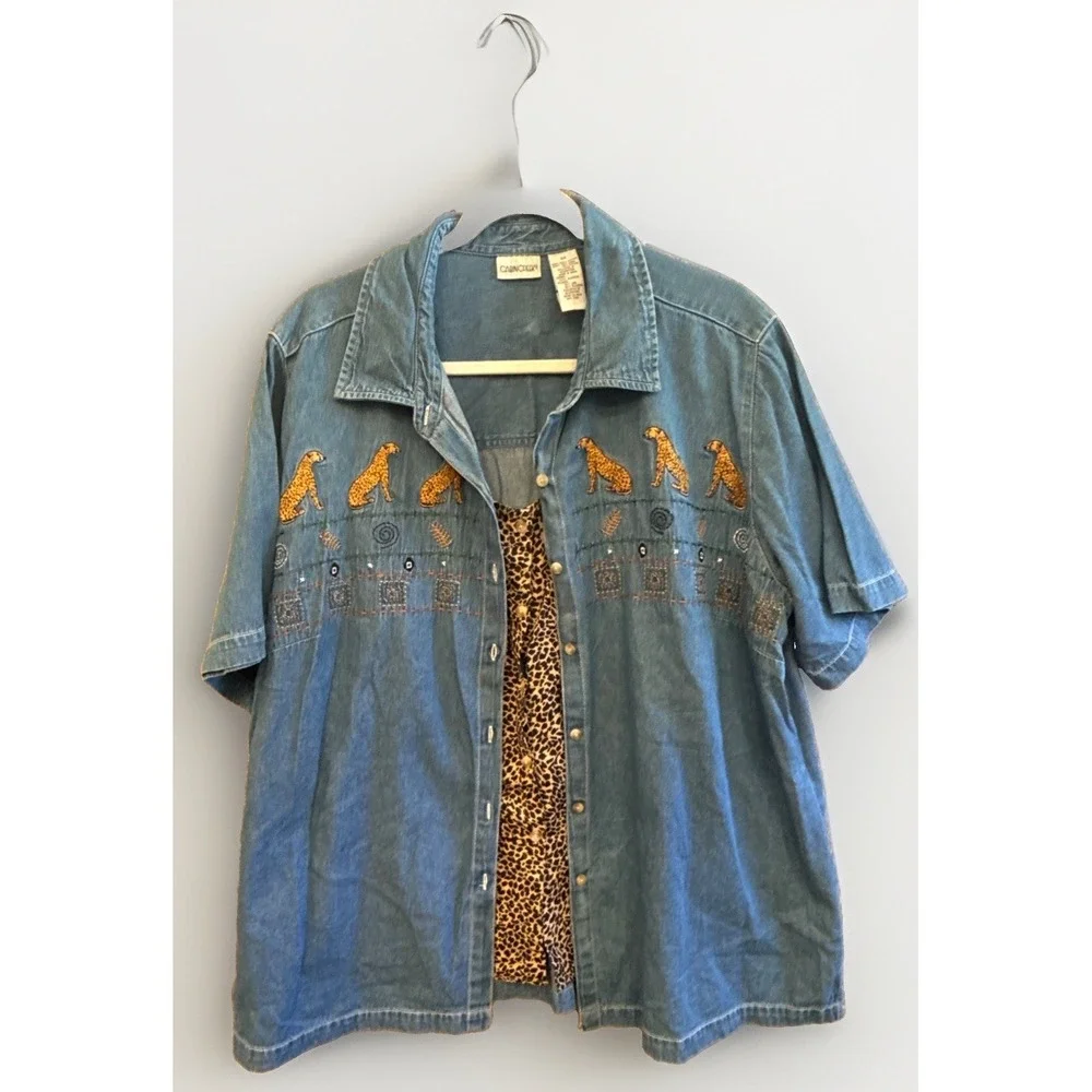 Cabin Creek Cheetah embroidered short sleeve chambray shirt with panel Whimsy